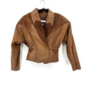 CHIA Vintage Brown Leather Dolman Sleeve Shoulder Pad Cropped Jacket Size XS